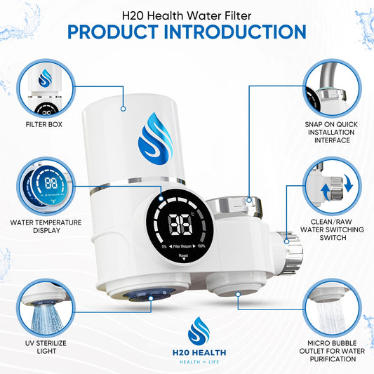 H20 HEALTH® New Digital Water Filter Tap - 8 stage water filter system, Removes 99% harmful substances, Tap Water Filters for UK taps, Water tap filter, on tap water filter (White)