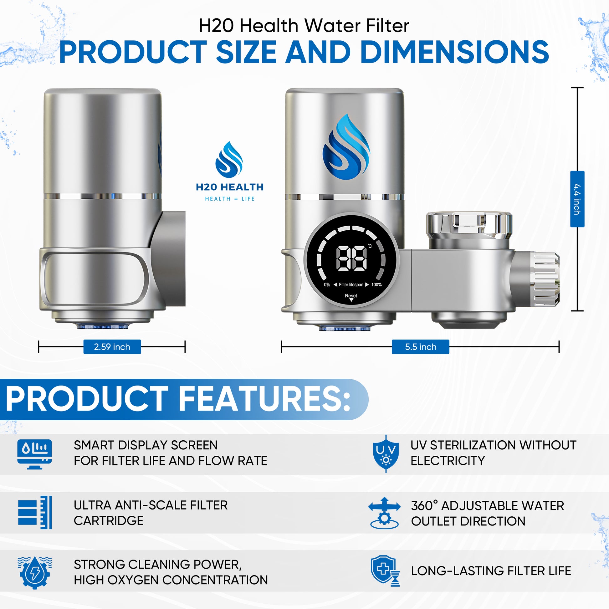 H20 HEALTH® 8-Stage Digital Water Filter Tap – Purifies 99%